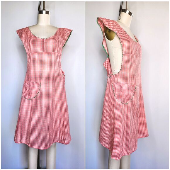 Vintage 1940s Apron - Gingham Plaid Checkered Apron Cottage Chic French Country - Picture 1 of 8